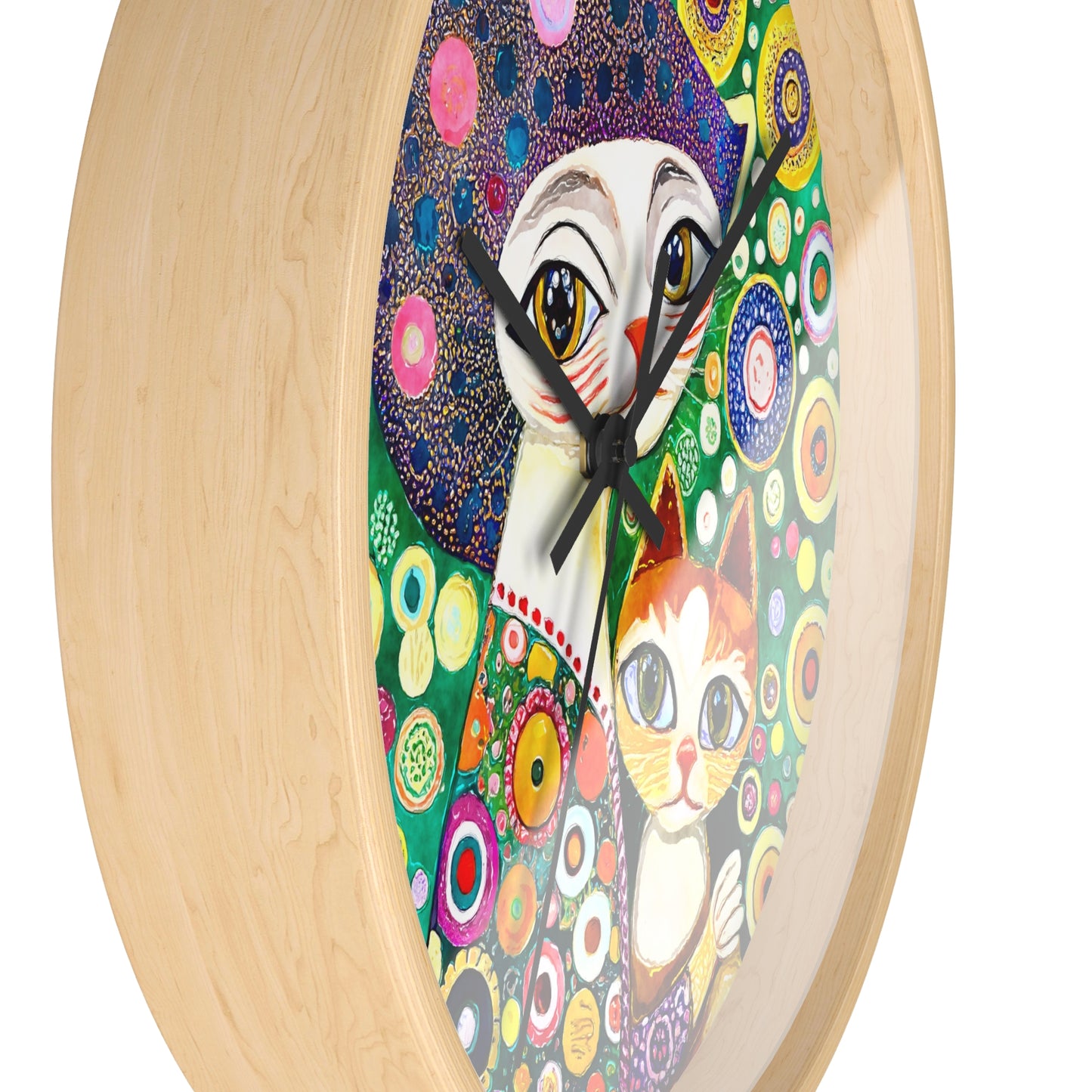 Colorful Unique Art Cat and Owner Wall Clock