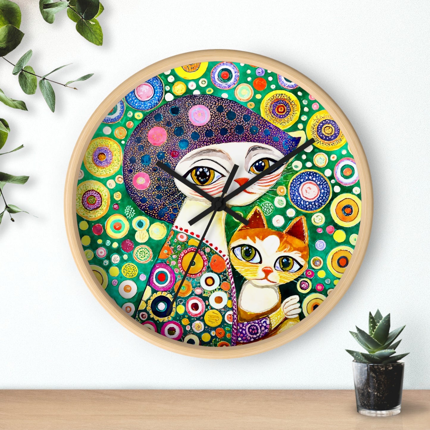 Colorful Unique Art Cat and Owner Wall Clock
